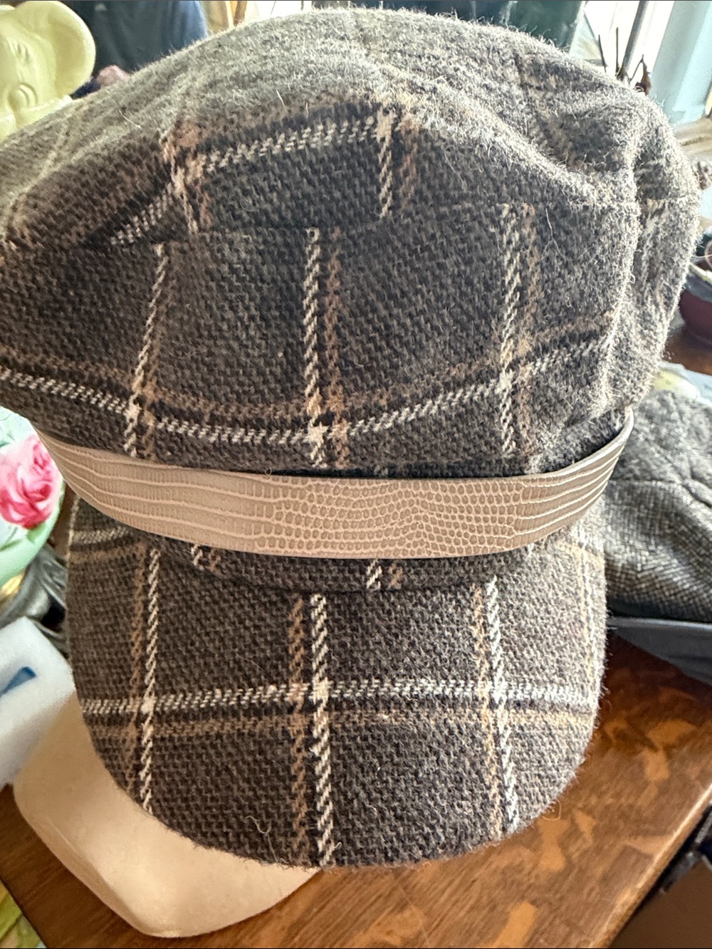 Nine West Brown Plaid Cadet Cap with Tan Band